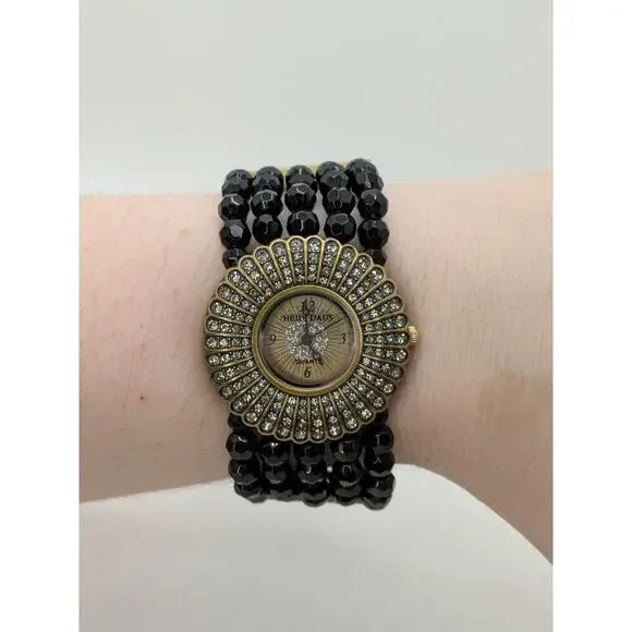 Heidi Daus Starburst Watch Black Faceted Beads Swarovski Crystals Art Deco - Picture 6 of 7